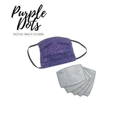 2-4-1 ..Purple Dots - Cotton Masks with Filter pocket and 5 PM2.5 Filters